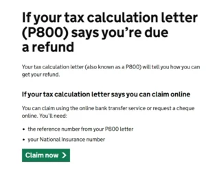Official HMRC instructions explaining how to claim a P800 refund